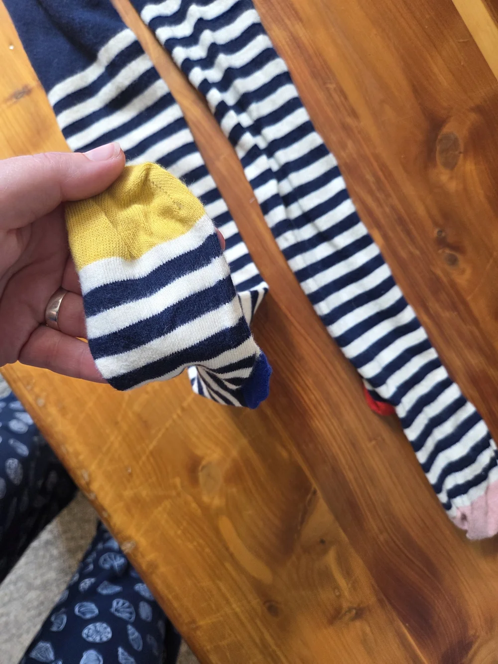 Mini Boden Navy and White Striped Kids Tights with Multicolor Accents 6/7